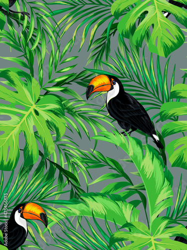 Summer tropical vector pattern with birds and palm leaves. Seamless botanical background. Tropic wallpaper.