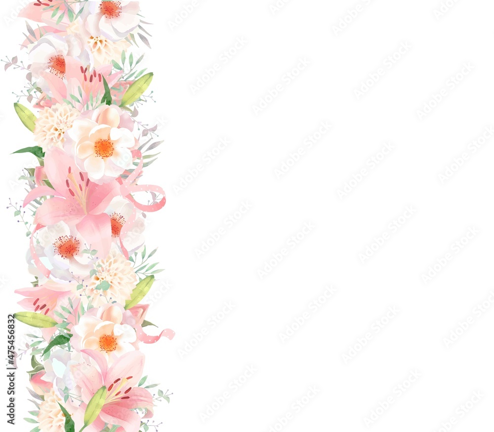 エレガントな色使いのピンク系の百合の花と白いばらとリーフの水玉リボン付き招待状フレーム素材