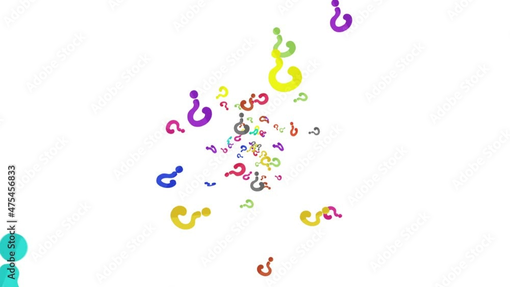 Many colorful question marks floating in air on white background. Thinking icon illustration. Childhood education concept. 3D loop animation. Many colorful question marks floating in air on white background. Thinking icon illustration. Childhood education concept. 3D loop animation.