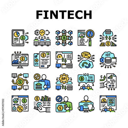 Fintech Financial Technology Icons Set Vector. Hackathon Fintech Development And Blockchain, Crowdfunding And Investment Finance Business Line. Digital Money Earning Color Illustrations