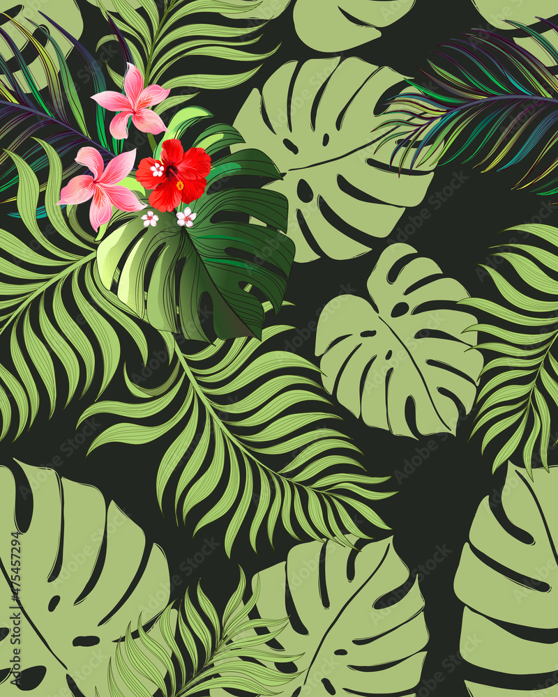 Tropical illustration with palm leaves. Jungle wallpaper with exotic plants. Summer tropical leaf background. Summer foliage print. Pattern design. Tropical illustration with palm leaves. Jungle wallpaper with exotic plants. Summer tropical leaf background. Summer foliage print. Pattern design.