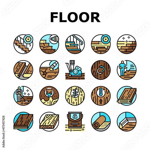 Hardwood Floor And Stair Renovate Icons Set Vector. Hardwood Floor Restoration And Installation, Parquet Varnish And Plinth Line. Cleaning And Repairing Service Color Illustrations