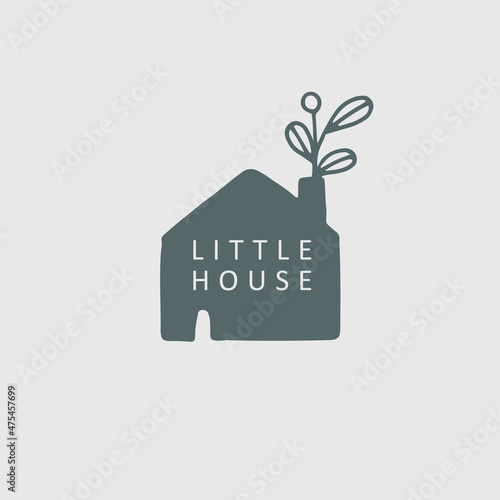 Logo design element with hand drawn little house and leaves