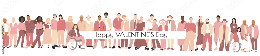 Happy Valentine's day banner. Multinational couples. Flat vector illustration. Happy Valentine's day banner. Multinational couples. Flat vector illustration.