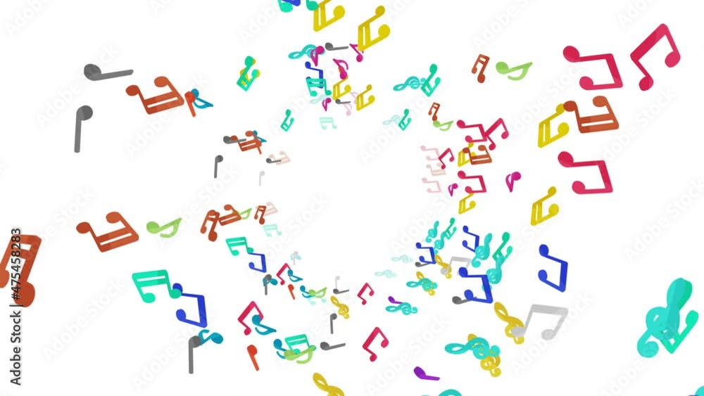 Many colorful musical notes floating in air on white background. Music score illustration. Education concept. 3D loop animation. Many colorful musical notes floating in air on white background. Music score illustration. Education concept. 3D loop animation.