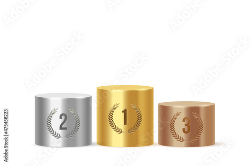 Podium for gold silver bronze winners, 3d stage pedestal with laurel wreath, place number