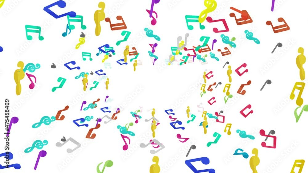 Many colorful musical notes floating in air on white background. Music score illustration. Education concept. 3D loop animation. Many colorful musical notes floating in air on white background. Music score illustration. Education concept. 3D loop animation.