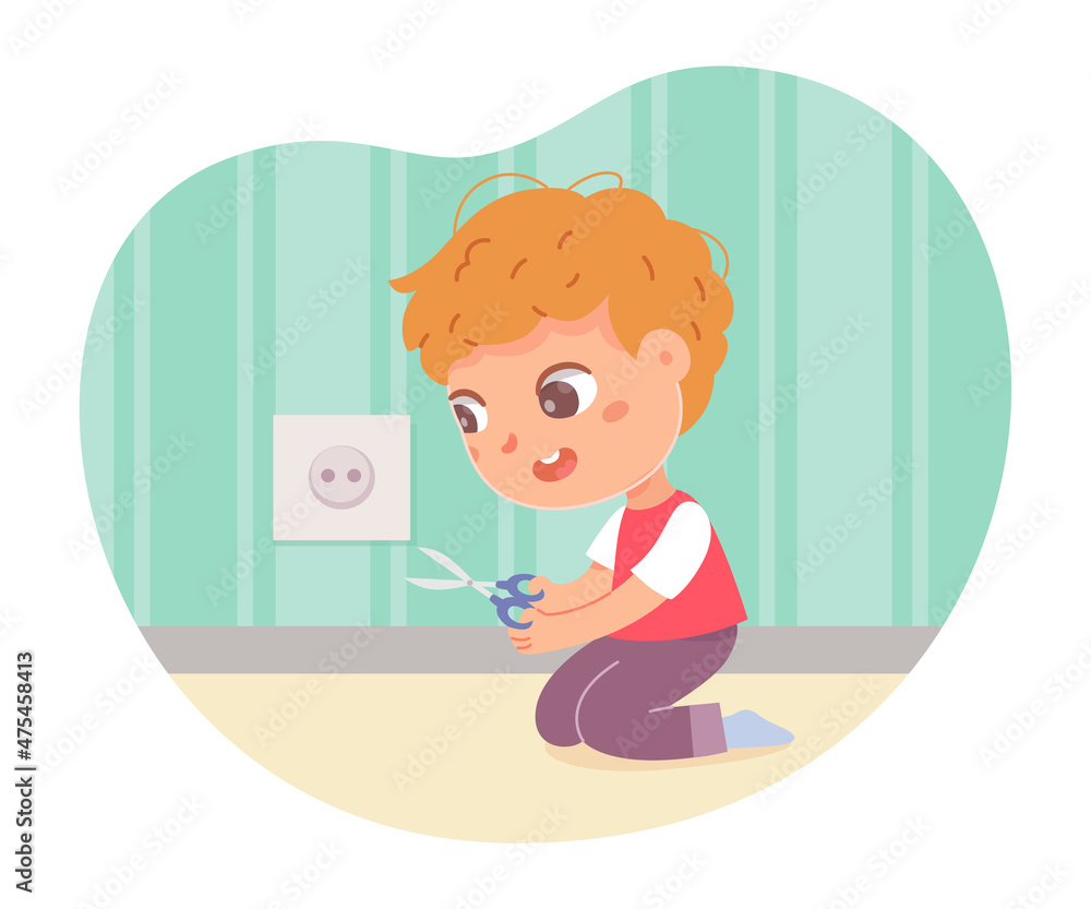 Accident with child and electric socket, boy holding scissors to play with electricity