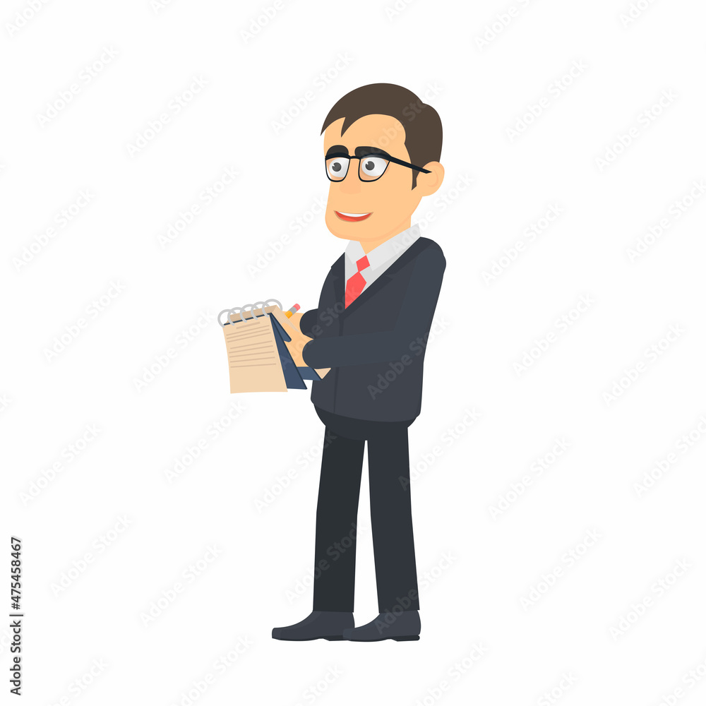 Expert. The inspector writes in a notebook, vector illustration Expert. The inspector writes in a notebook, vector illustration