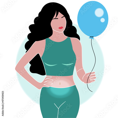 Beautiful woman with bloated belly and balloon