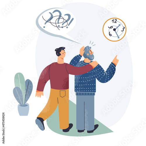Senior people with memory problem, dementia disease, confused old man looking at clock