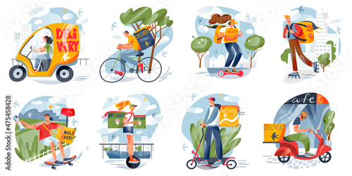 Fast delivery, free express service set, couriers deliver order, holding box parcel