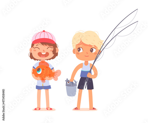Cute little children anglers holding catch in hands, kids caught fish with fishing rod