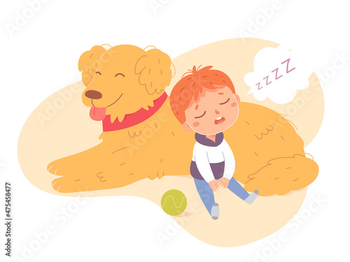 Funny boy sleeping with dog on lazy nap time vector, child falling asleep in cute pose