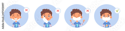 Boy wear protective face mask with proper and wrong way set of medical infographics