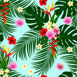 tropical pattern. tropical leaf seamless pattern. exotic plumeria, yellow frangipani, palm tree, red pink hibiscus flowers, good for textile, dress, stationery, fashion, etc.