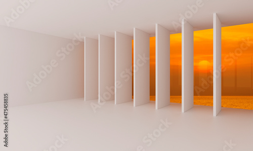 Contemporary empty white window with room over sunset sky and sea  3D Rendering