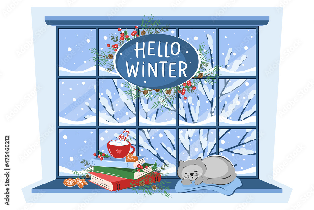 Winter window with landscape, cat sleeping, books and drink with cookies on the sill. Lettering Hello Winter. Cozy vector illustration