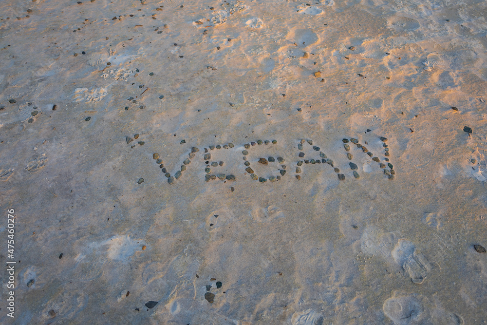 Fototapeta premium steine am strand mit dem wort vegan
