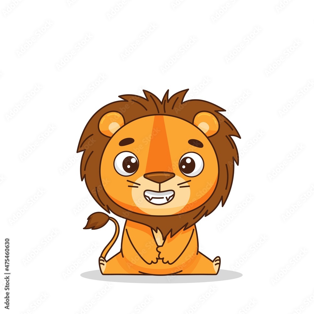 Little lion sits upright and smiles. Postcard in children's cartoon style. Vector illustration for designs, prints and patterns. Vector illustration Little lion sits upright and smiles. Postcard in children's cartoon style. Vector illustration for designs, prints and patterns. Vector illustration