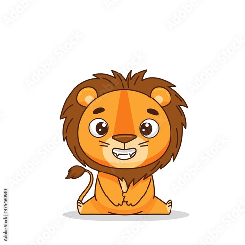 Little lion sits upright and smiles. Postcard in children s cartoon style. Vector illustration for designs  prints and patterns. Vector illustration