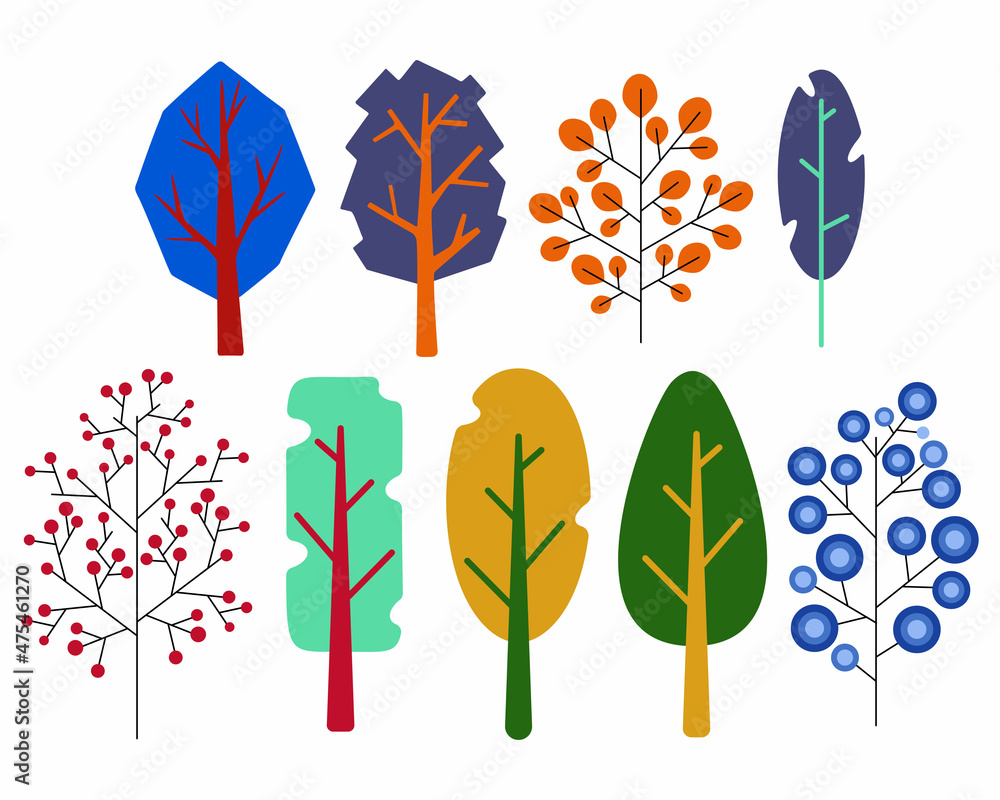Fototapeta premium Set of tree illustrations in cartoon style isolated on colored background, can be used as design element