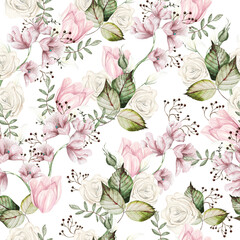 Wandcirkels Lente Aquarel rozen en tulpen patroon  © knopazyzy