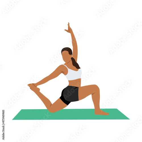 Woman doing Crescent lunge pose. Anjaneyasana exercise. Flat vector illustration isolated on white background