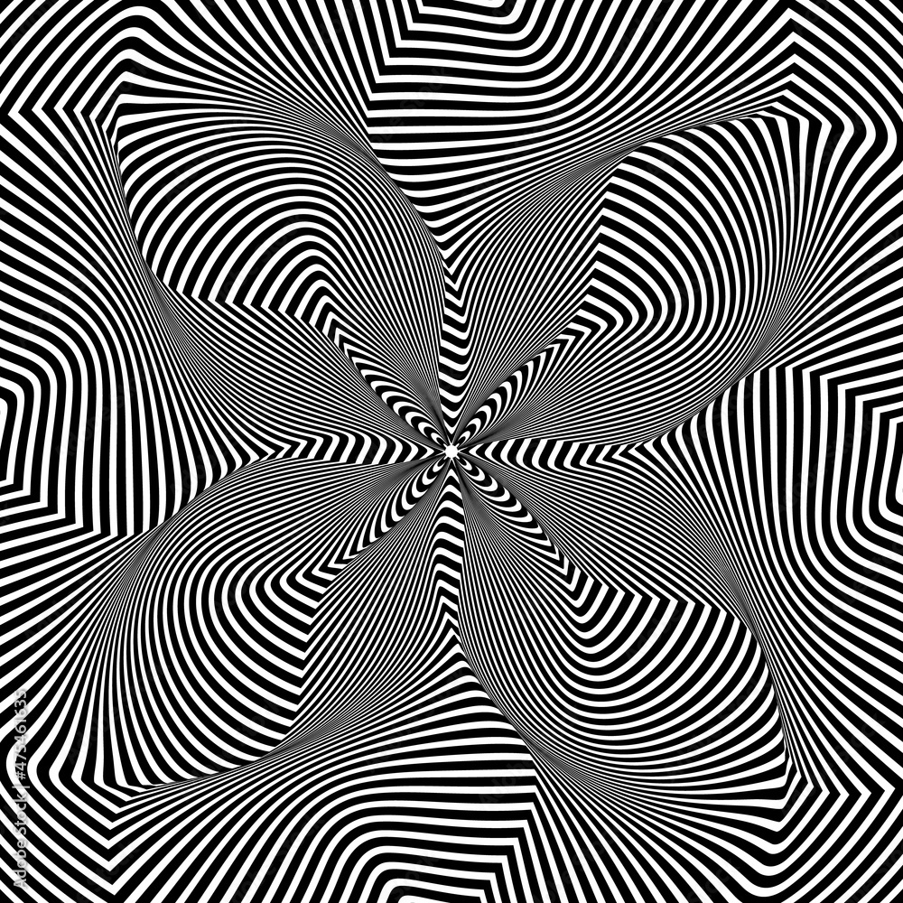 Optical art circular pattern of warped black lines. Twisted striped background design. Optical art circular pattern of warped black lines. Twisted striped background design.