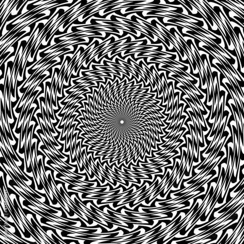 Optical art circular pattern of black zigzag stripes. Round trippy background design.