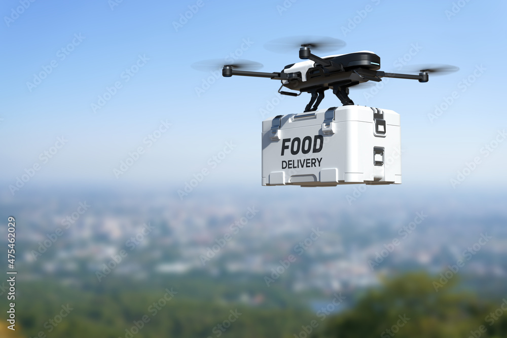 Food delivery drone, Autonomous delivery robot, Business air transportation  concept. Stock Photo | Adobe Stock