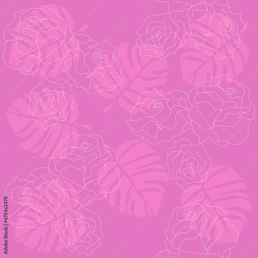 Flower and leaf patterns arranged on pink backgrounds, roses, drawn with white stripes, design ideas, striped fabrics, wallpapers and postcards.