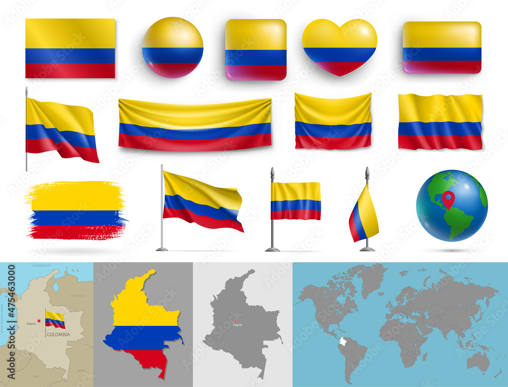 Colombia flags of various shapes and country map set. Realistic Colombian waving flags, glossy buttons in patriotic colors, highly detailed map and globe with location pin vector illustration Colombia flags of various shapes and country map set. Realistic Colombian waving flags, glossy buttons in patriotic colors, highly detailed map and globe with location pin vector illustration