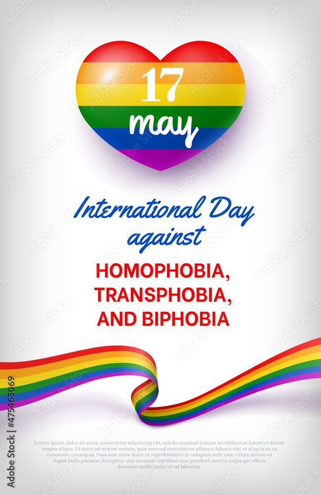 Fototapeta premium International Holiday against Homophobia, Transphobia and Biphobia card. International event that raise awareness of LGBT rights. Banner with text and rainbow heart shaped flag vector illustration