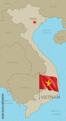 Highly detailed map of Vietnam with national flag. Editable Vietnamese gray map with region borders, neighboring countries, waving flag and Abuja capital city vector illustration