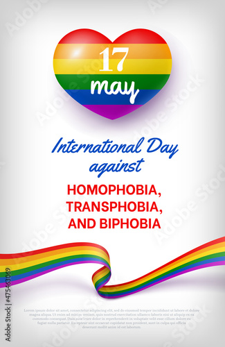 International Holiday against Homophobia, Transphobia and Biphobia card. International event that raise awareness of LGBT rights. Banner with text and rainbow heart shaped flag vector illustration
