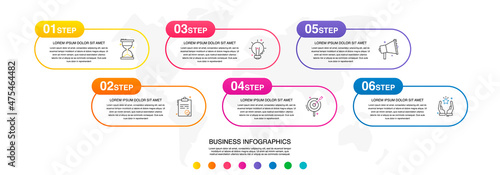 Vector 6 step line infographic labels with icons and squares. Modern timeline concept for chart, levels, web, diagram, banner, presentations, business, diagram, flowchart