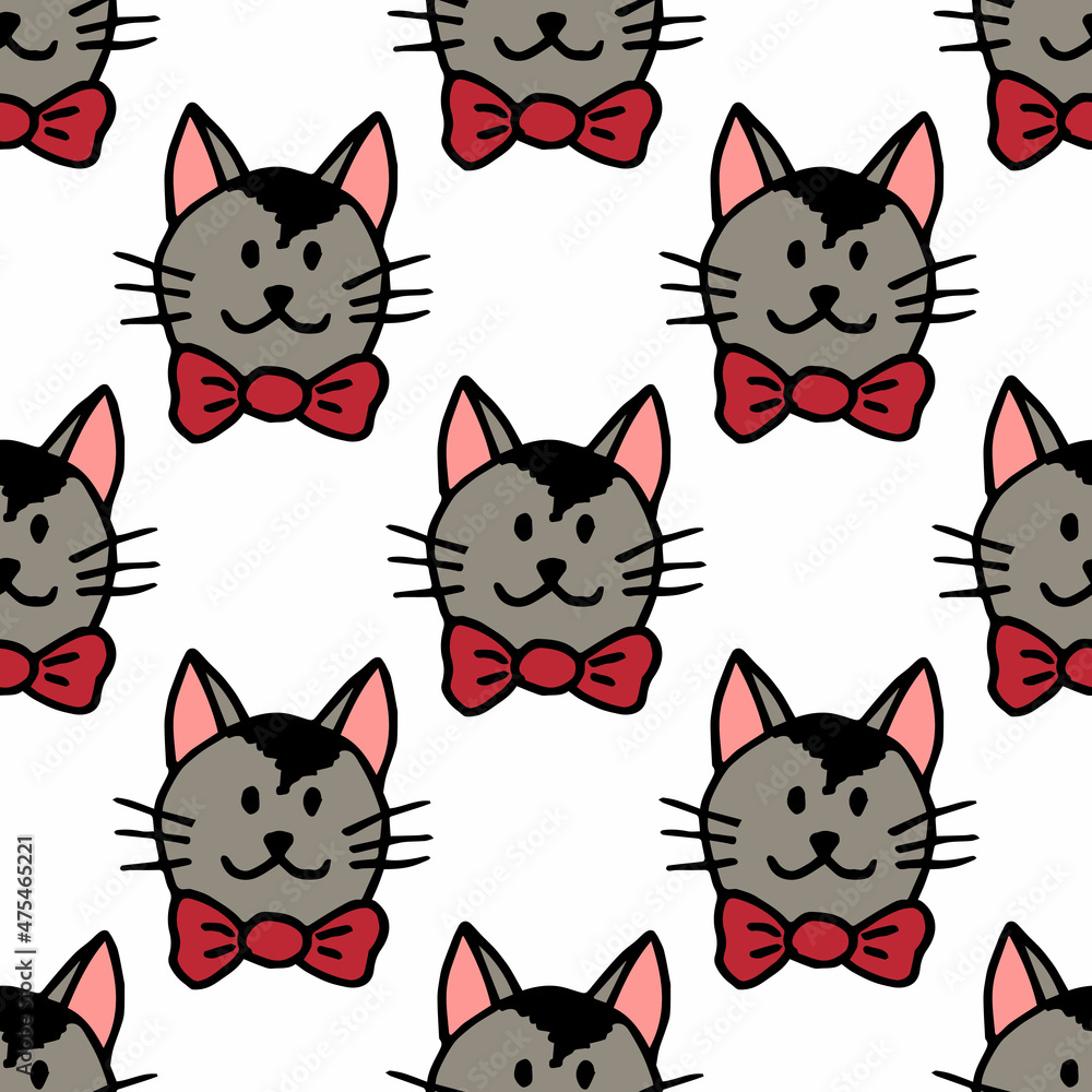 Seamless pattern with gray cat with a red bow around his neck on white background. Vector image.