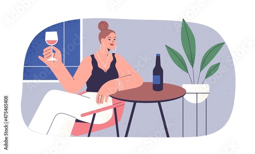 Woman drink alcohol alone, sitting at table with wine bottle at home. Happy lady relax in solitude with wineglass in hand, tasting and enjoying. Flat vector illustration isolated on white background