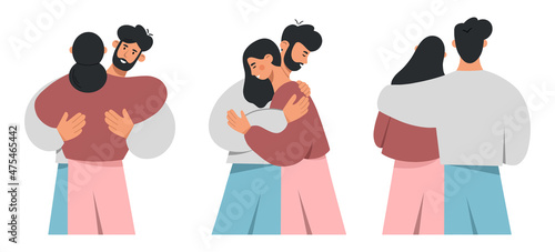 Collection of cuddling couples. Young men and women hugging. Smiling couples embracing each other. The concept of support and love between lovers, friends or family. Flat vector illustration.
