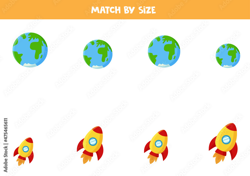 Matching game for preschool kids. Match Earth and planets by size.