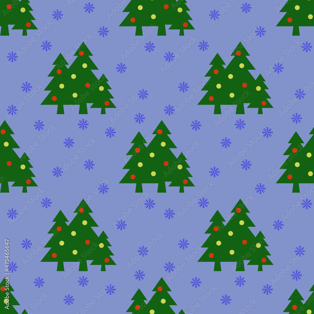 Seamless pattern. Image of green Christmas trees with balls and snowflakes on pastel blue backgrounds. Symbol of New Year and Christmas. Template for applying to surface. 3D image. 3d rendering