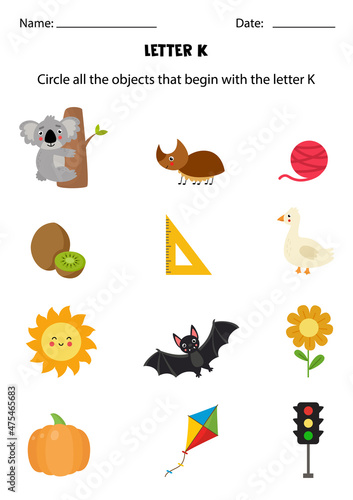 Letter recognition for kids. Circle all objects that start with K.