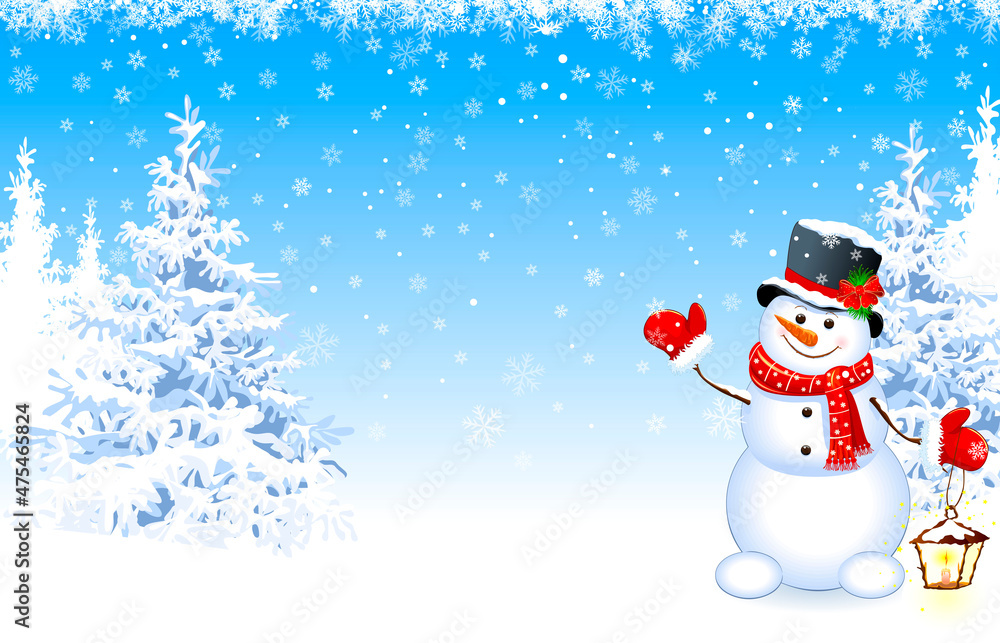 Snowman with a lantern in the winter forest. Snowman in a hat against the background of snow-covered Christmas trees. Greeting card for Christmas and New Year