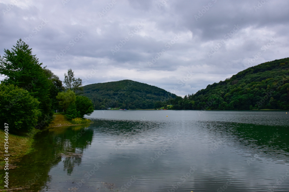 Bieszczady Mountains, view of the artificial lake Solina, a Polish tourist attraction on a cloudy day during the holidays. 