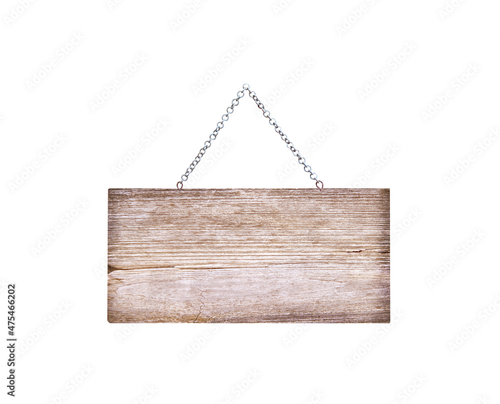 Old wood sign with steel chain hanging isolated on white background , clipping path Old wood sign with steel chain hanging isolated on white background , clipping path
