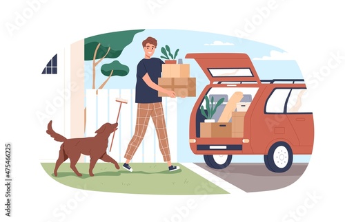 Person moving, carrying cardboard boxes and loading them into open hood of car. Man and dog leaving home. Relocation concept. Guy relocating. Flat vector illustration isolated on white background