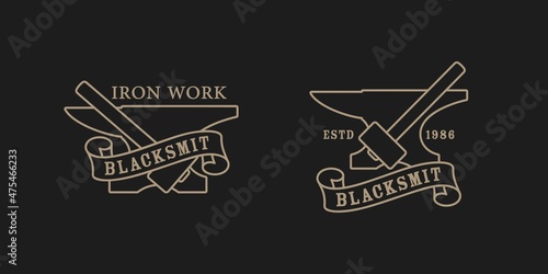 Set of color illustrations of anvil, hammer and tape with text on a black background. Design element for emblem, print, sticker, label and badge. Vector illustration. Blacksmith symbolism.