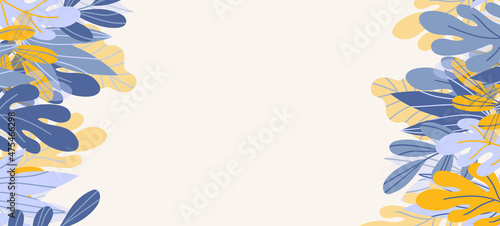 Floral web banner with drawn color exotic leaves. Nature concept design. Modern floral compositions with summer branches. Vector illustration on the theme of ecology, natura, environment