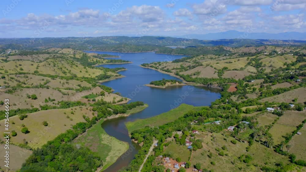 Bao dam in Dominican Republic. Aerial drone descending Bao dam in Dominican Republic. Aerial drone descending